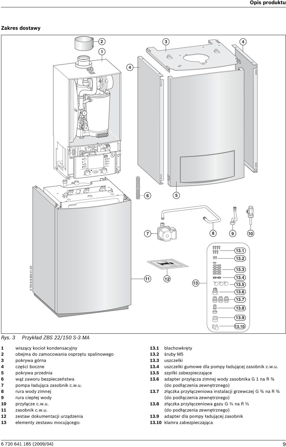 ładująca zasobnik c.w.u. 8 rura wody zimnej 9 rura ciepłej wody 10 przyłącze c.w.u. 11 zasobnik c.w.u. 12 zestaw dokumentacji urządzenia 13 elementy zestawu mocującego: 13.1 blachowkręty 13.