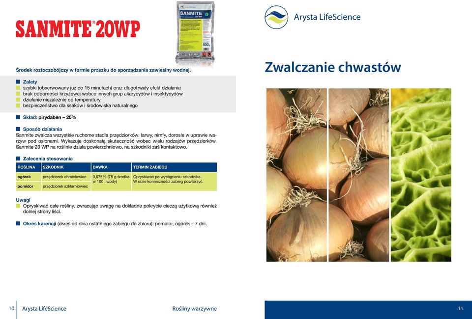ssaków i środowiska naturalnego Zwalczanie chwastów Skład: pirydaben 20% Sanmite zwalcza wszystkie ruchome stadia przędziorków: larwy, nimfy, dorosłe w uprawie warzyw pod osłonami.