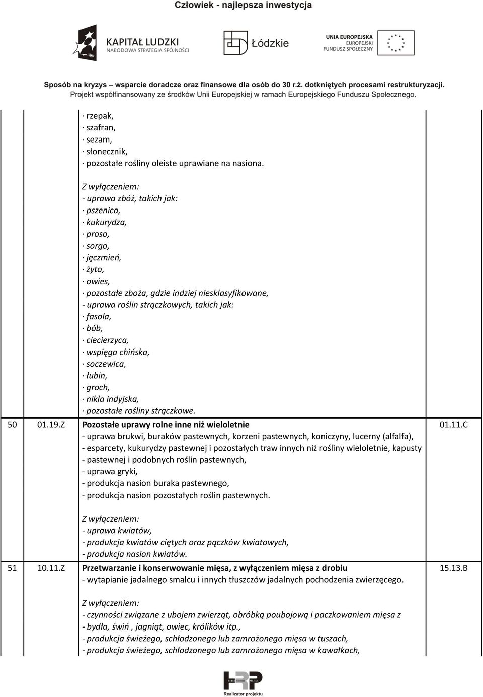 ciecierzyca, wspięga chińska, soczewica, łubin, groch, nikla indyjska, pozostałe rośliny strączkowe. 50 01.19.Z Pozostałe uprawy rolne inne niż wieloletnie 01.11.