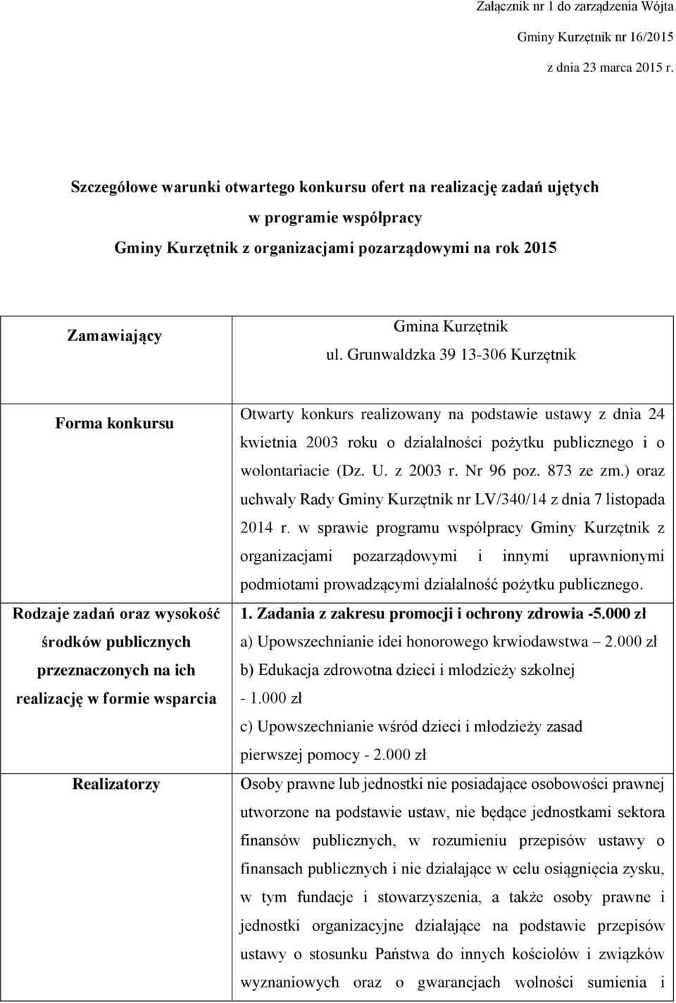 Grunwaldzka 39 13-306 Kurzętnik Forma konkursu Rodzaje zadań oraz wysokość środków publicznych przeznaczonych na ich realizację w formie wsparcia Realizatorzy Otwarty konkurs realizowany na podstawie