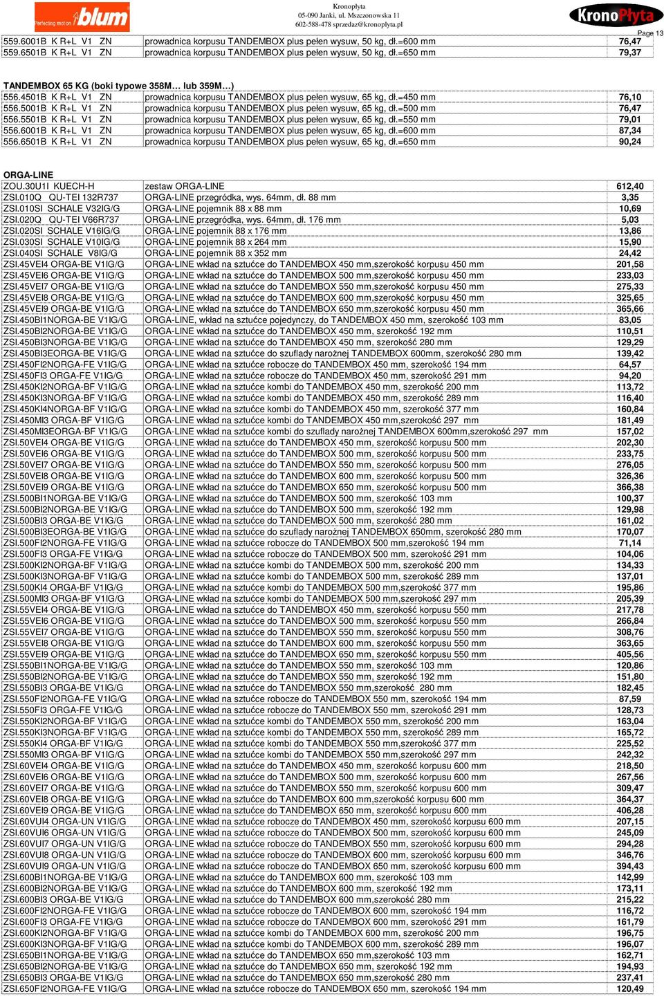 5001B K R+L V1 ZN prowadnica korpusu TANDEMBOX plus pełen wysuw, 65 kg, dł.=500 mm 76,47 556.5501B K R+L V1 ZN prowadnica korpusu TANDEMBOX plus pełen wysuw, 65 kg, dł.=550 mm 79,01 556.