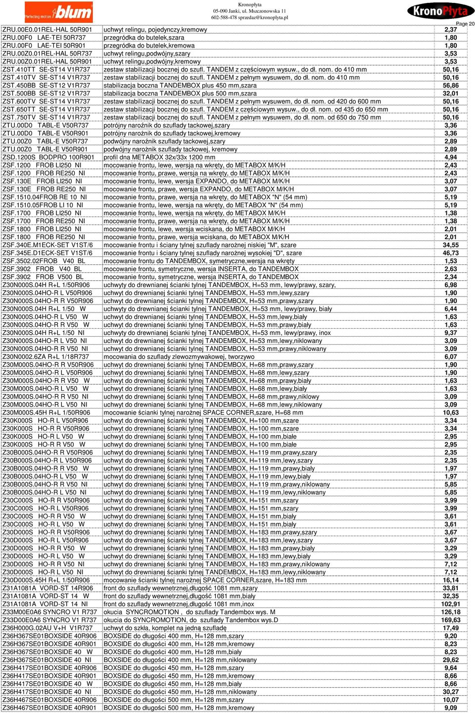 TANDEM z częściowym wysuw., do dł. nom. do 410 mm 50,16 ZST.410TV SE-ST14 V1R737 zestaw stabilizacji bocznej do szufl. TANDEM z pełnym wysuwem, do dł. nom. do 410 mm 50,16 ZST.450BB SE-ST12 V1R737 stabilizacja boczna TANDEMBOX plus 450 mm,szara 56,86 ZST.