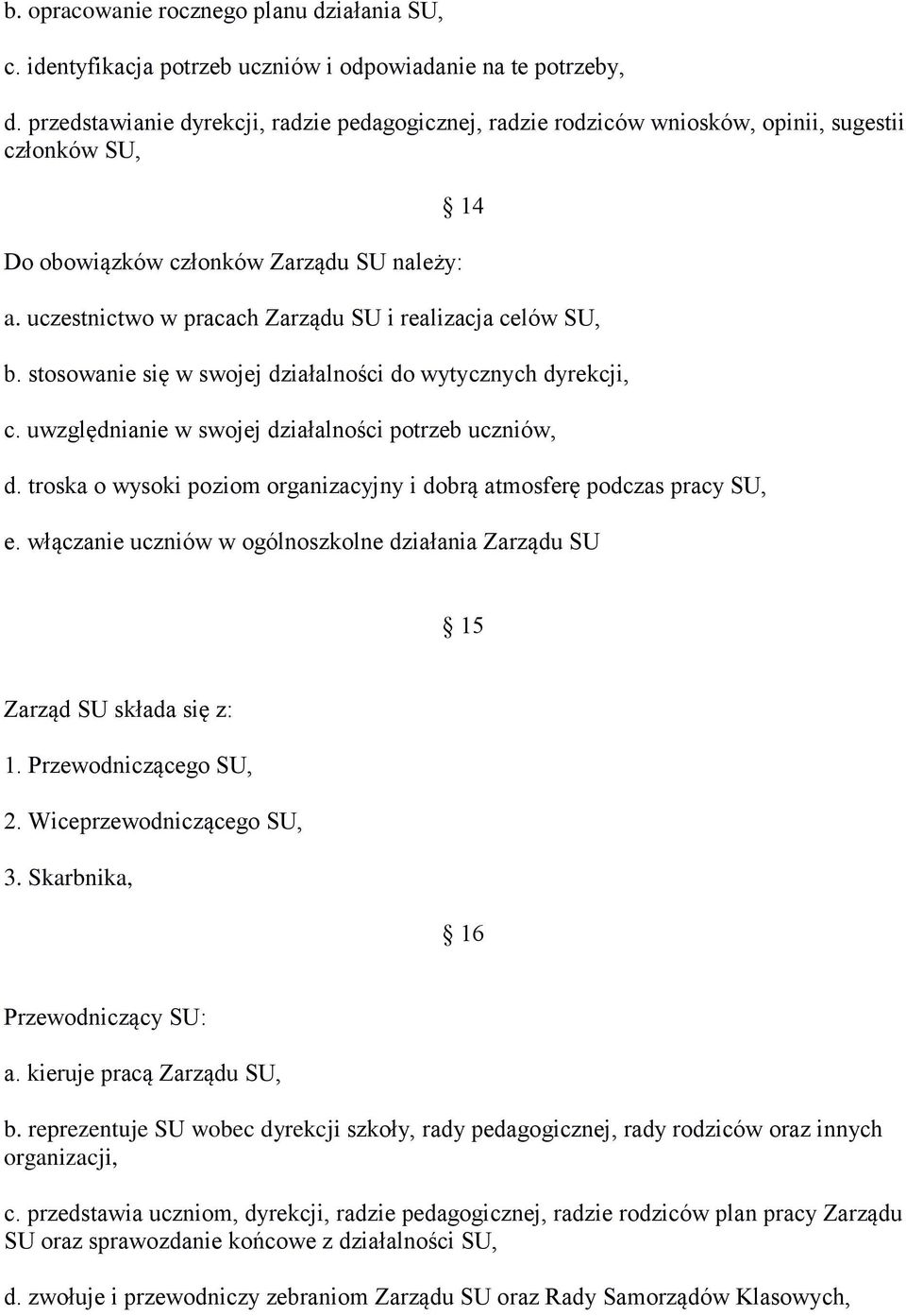 uczestnictwo w pracach Zarządu SU i realizacja celów SU, b. stosowanie się w swojej działalności do wytycznych dyrekcji, c. uwzględnianie w swojej działalności potrzeb uczniów, d.