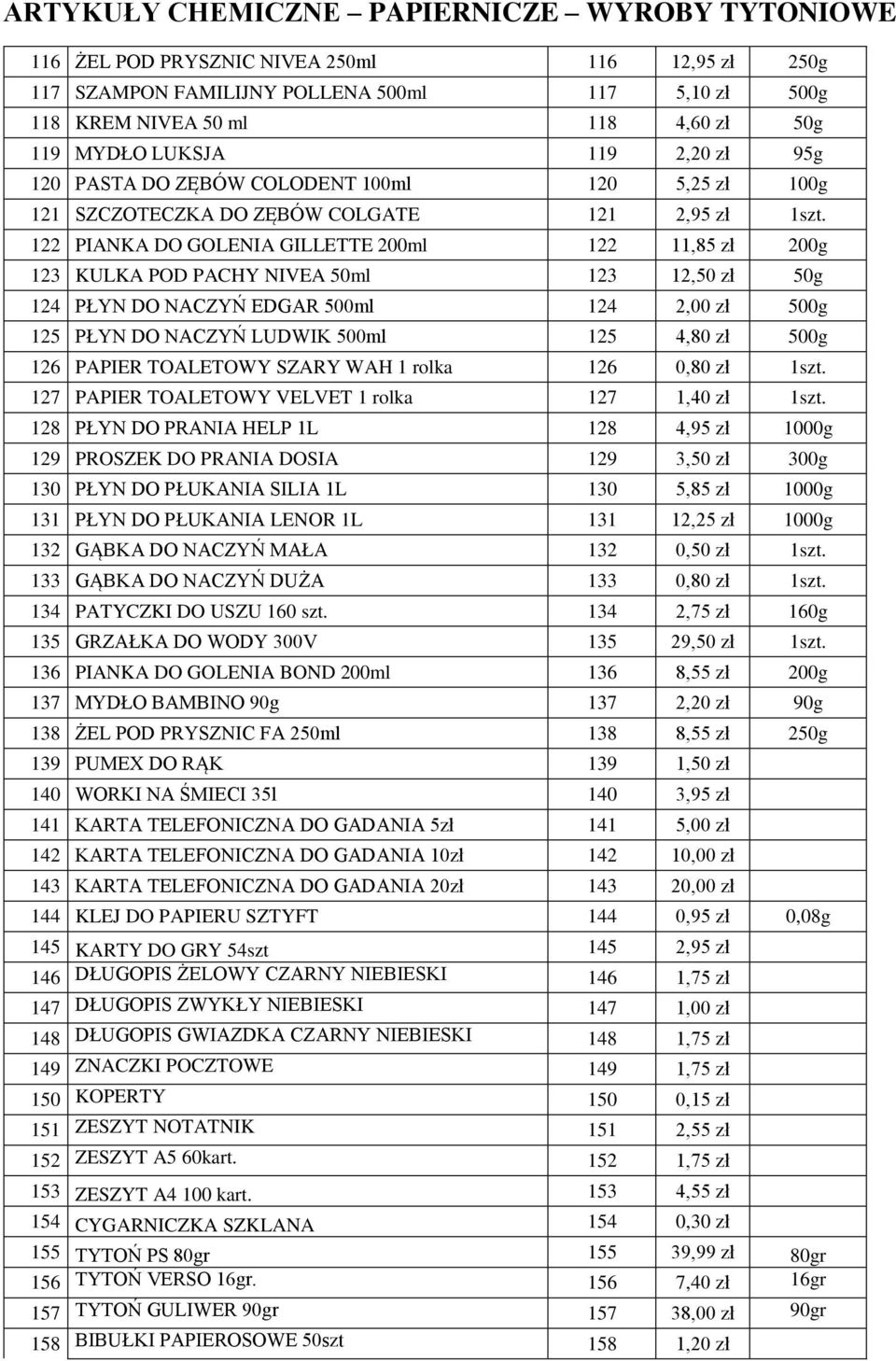 122 PIANKA DO GOLENIA GILLETTE 200ml 122 11,85 zł 200g 123 KULKA POD PACHY NIVEA 50ml 123 12,50 zł 50g 124 PŁYN DO NACZYŃ EDGAR 500ml 124 2,00 zł 500g 125 PŁYN DO NACZYŃ LUDWIK 500ml 125 4,80 zł 500g