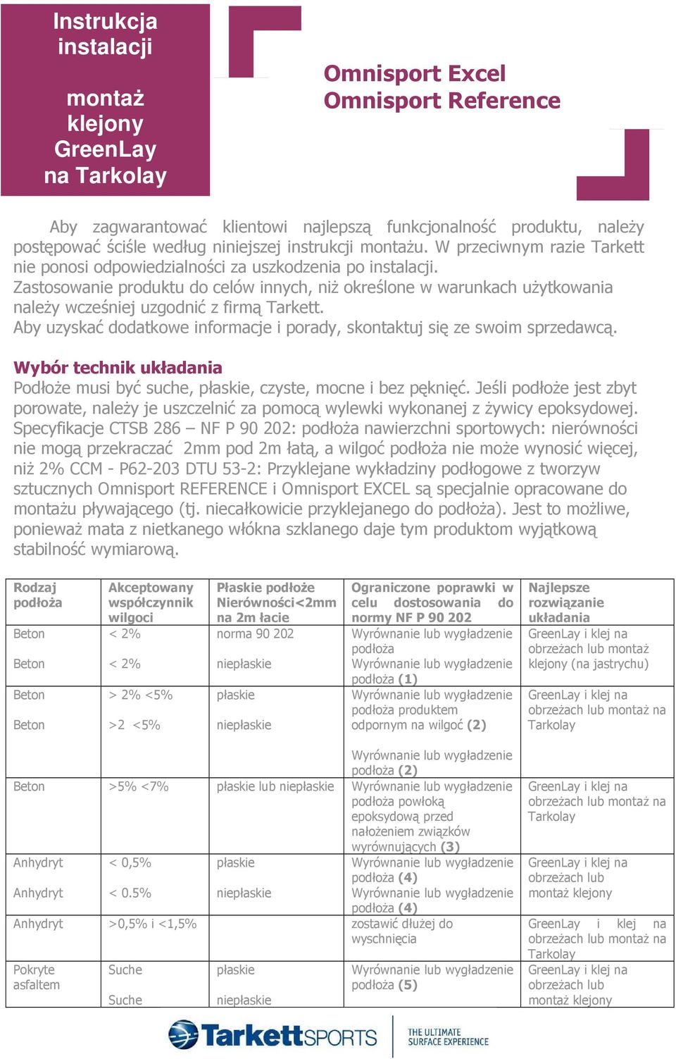 Zastosowanie produktu do celów innych, niż określone w warunkach użytkowania należy wcześniej uzgodnić z firmą Tarkett. Aby uzyskać dodatkowe informacje i porady, skontaktuj się ze swoim sprzedawcą.