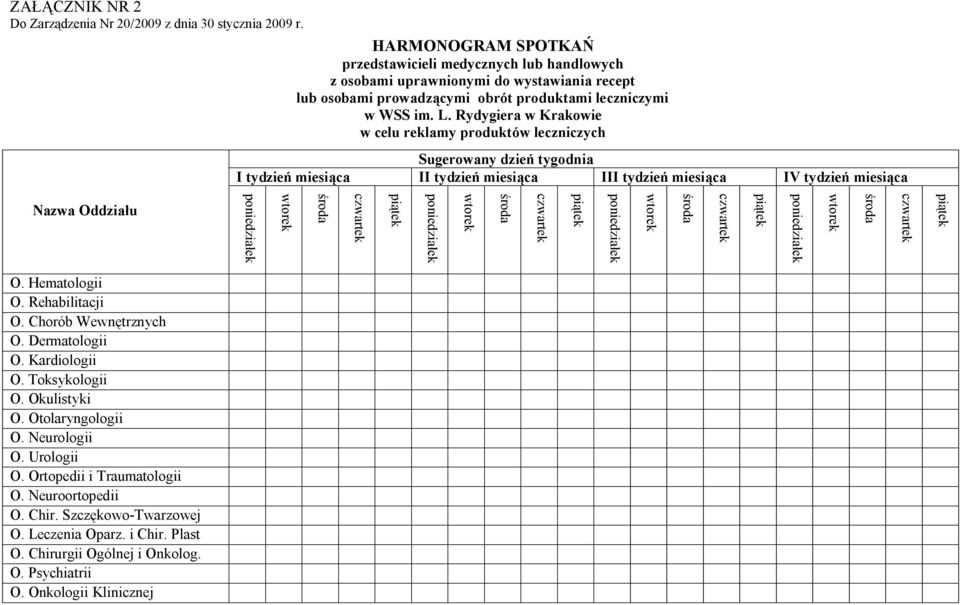 Rydygiera w Krakowie w celu reklamy produktów leczniczych Sugerowany dzień tygodnia I tydzień miesiąca II tydzień miesiąca III tydzień miesiąca IV tydzień miesiąca Nazwa Oddziału O.