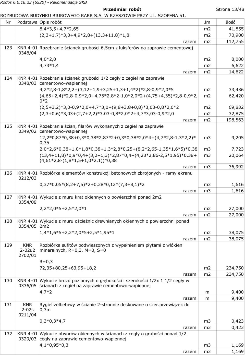 m2 8,000 4,73*1,4 m2 6,622 Rozebranie ścianek grubości 1/2 cegły z cegieł na zaprawie cementowo-wapiennej razem m2 14,622 4,2*2,8-1,8*2,2+(3,12+1,9+3,25+1,3+1,4*2)*2,8-0,9*2,0*5 m2 33,436