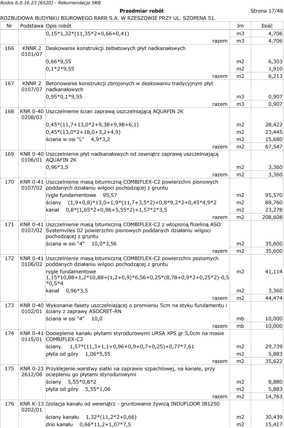 1,910 Betonowanie konstrukcji zbrojonych w deskowaniu tradycyjnym płyt nadkanałowych razem m2 8,213 0,95*0,1*9,55 m3 0,907 Uszczelnienie ścian zaprawą uszczelniającą AQUAFIN 2K razem m3 0,907