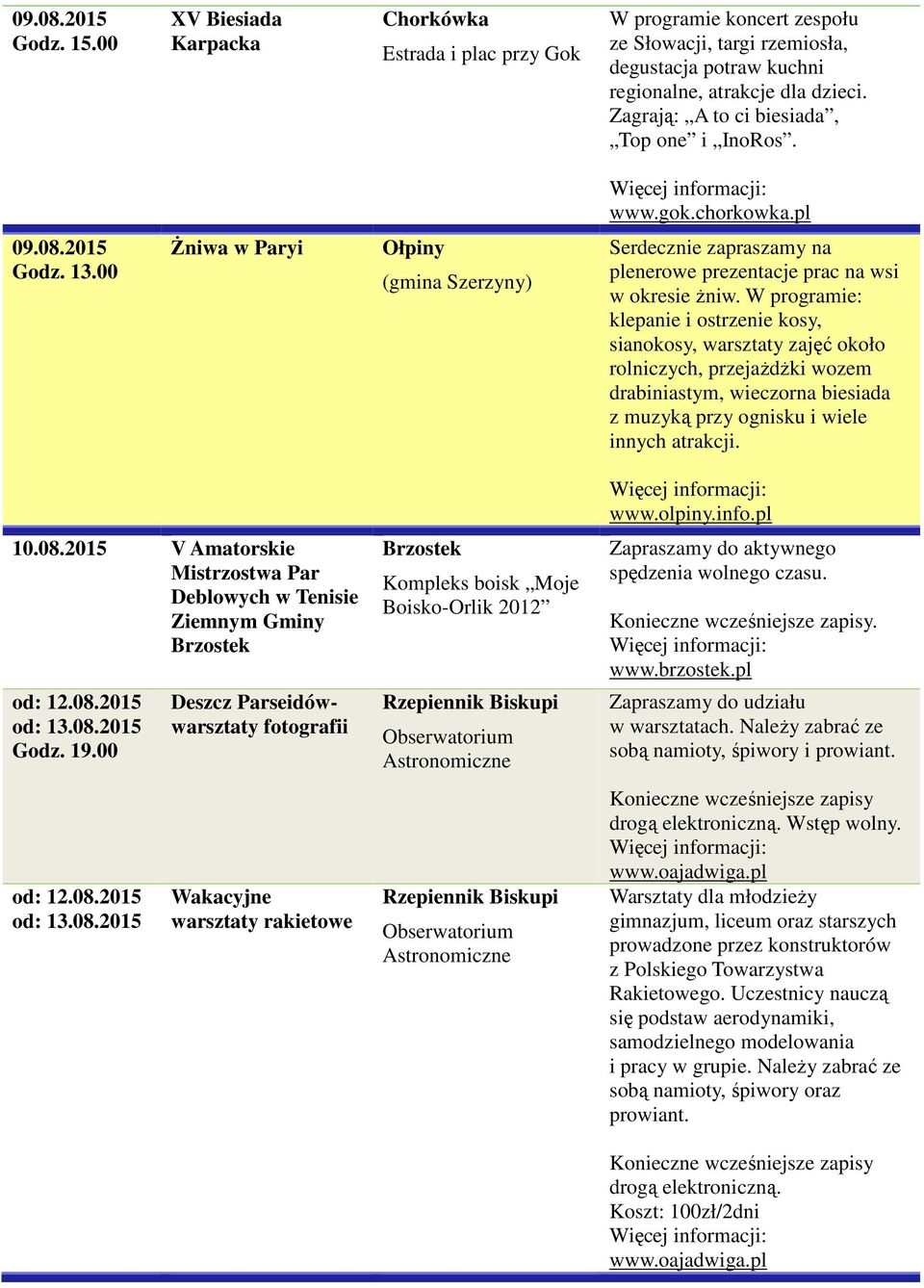 W programie: klepanie i ostrzenie kosy, sianokosy, warsztaty zajęć około rolniczych, przejażdżki wozem drabiniastym, wieczorna biesiada z muzyką przy ognisku i wiele innych atrakcji. 10.08.
