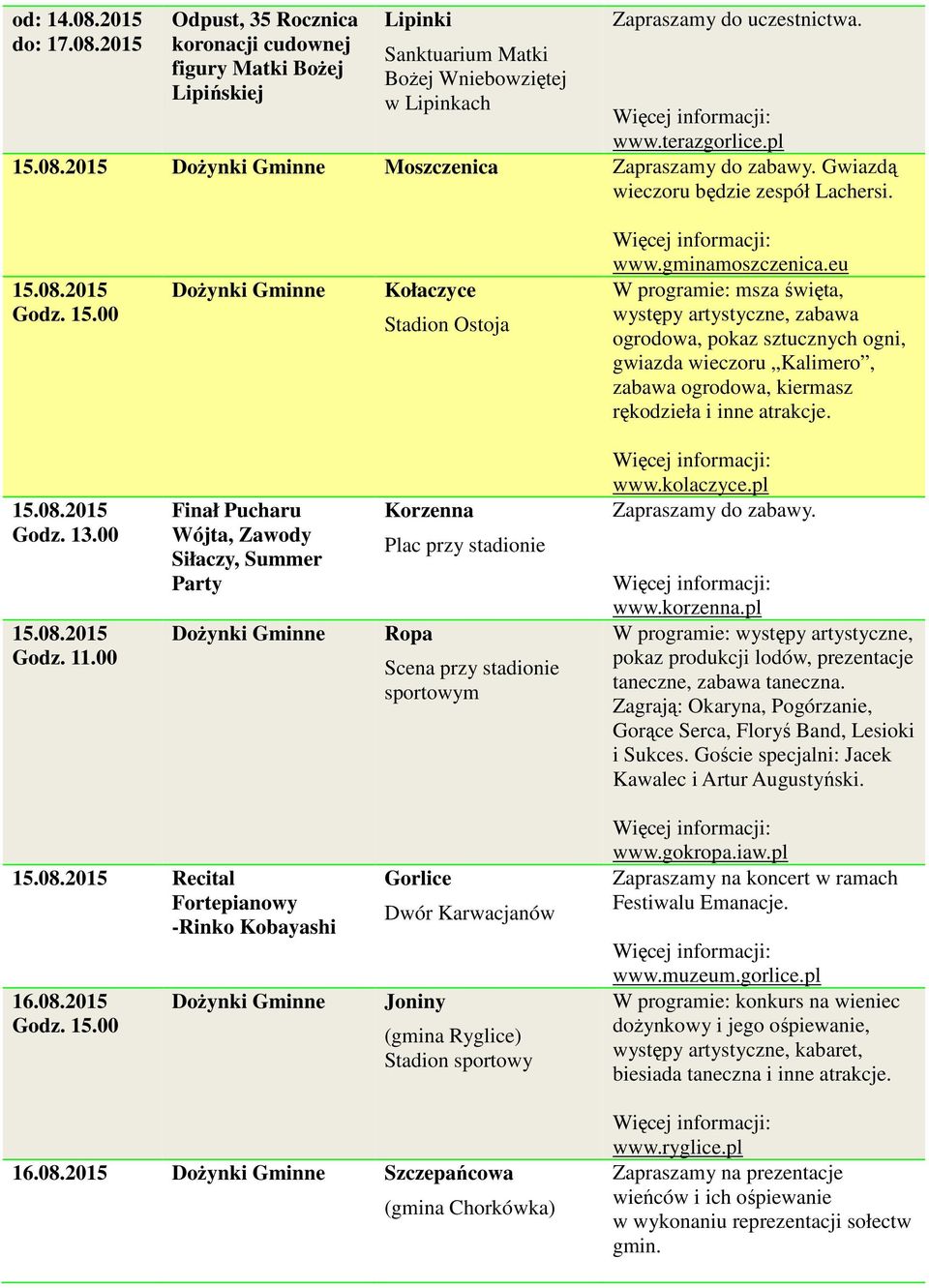eu W programie: msza święta, występy artystyczne, zabawa ogrodowa, pokaz sztucznych ogni, gwiazda wieczoru Kalimero, zabawa ogrodowa, kiermasz rękodzieła i inne atrakcje. 15.08.2015 Godz. 13.00 15.08.2015 Godz. 11.
