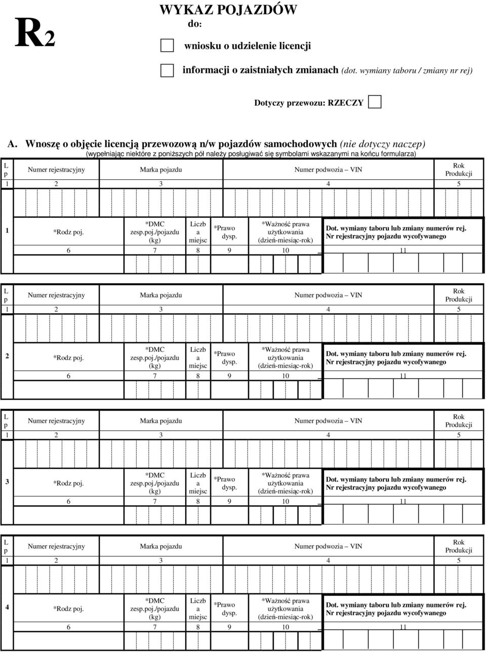 wskznymi n końcu formulrz) Numer rejestrcyjny Mrk ojzdu Numer odwozi VIN 1 *Prwo 6 7 8 9 10 11 Numer rejestrcyjny Mrk ojzdu Numer odwozi VIN 2