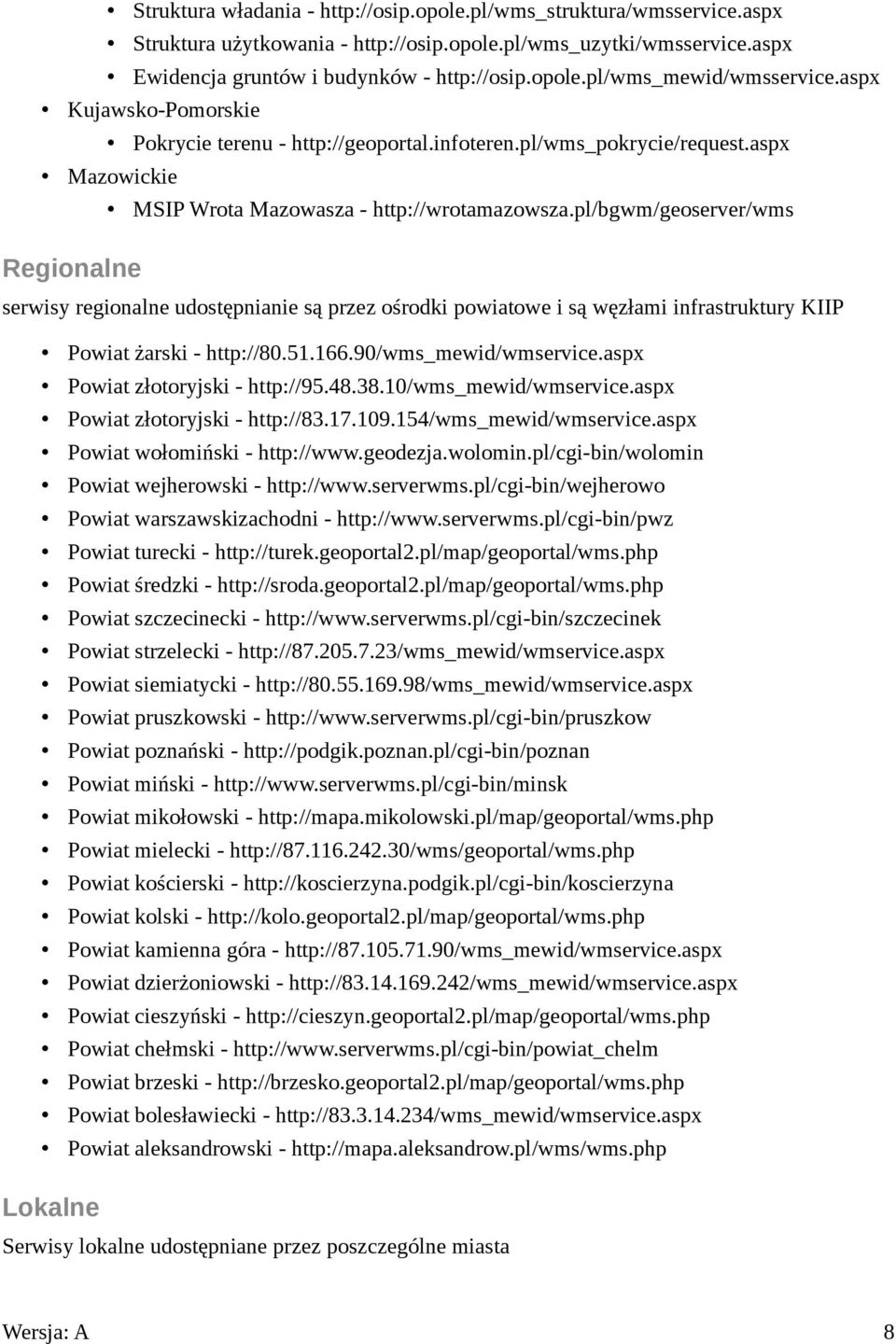 pl/bgwm/geoserver/wms Regionalne serwisy regionalne udostępnianie są przez ośrodki powiatowe i są węzłami infrastruktury KIIP Powiat żarski - http://80.51.166.90/wms_mewid/wmservice.