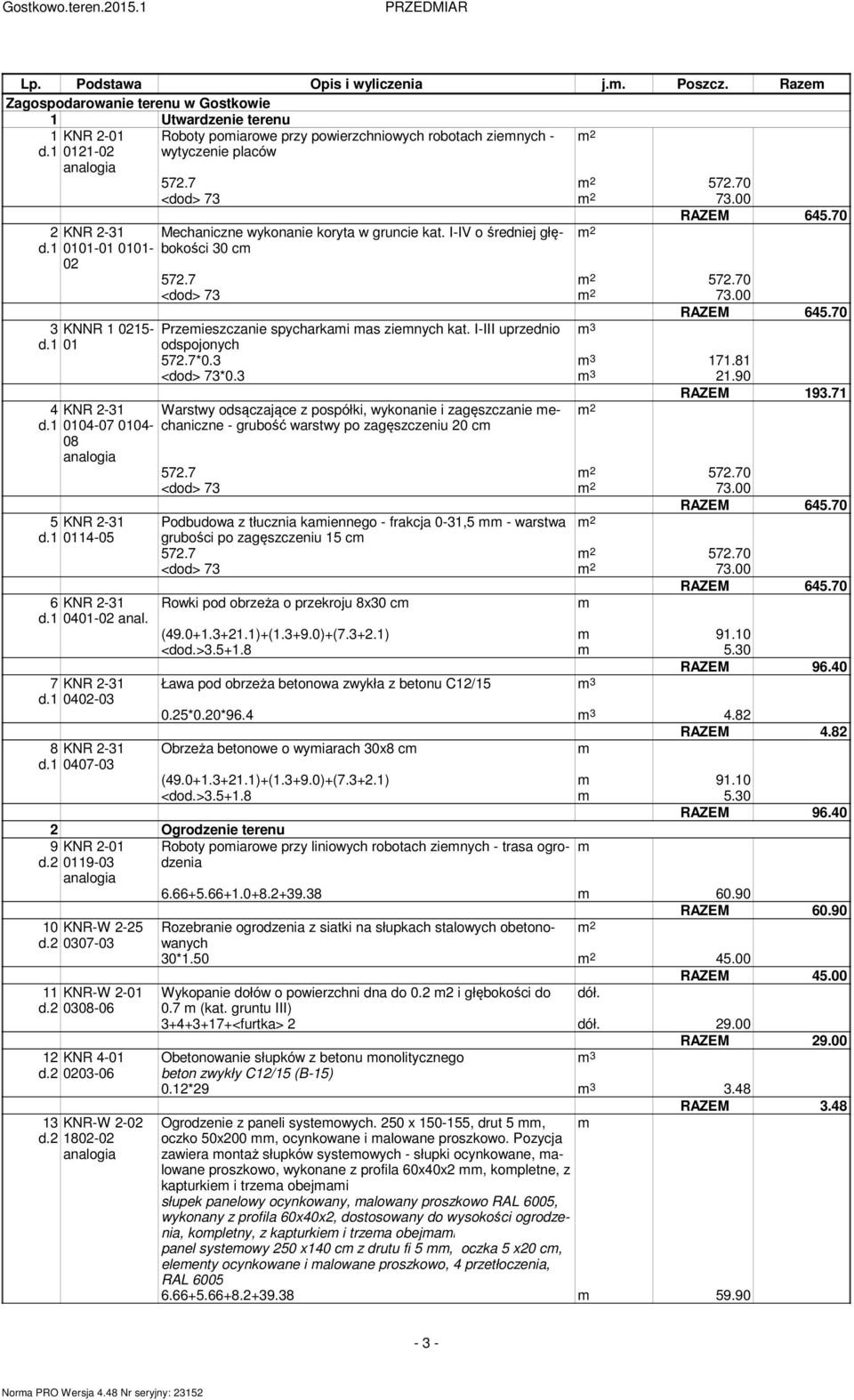 I-IV o średniej głębokości d.1 0101-01 0101-02 30 cm 572.7 572.70 <dod> 73 73.00 3 KNNR 1 0215- Przemieszczanie spycharkami mas ziemnych kat. I-III uprzednio m 3 d.1 01 odspojonych 572.7*0.3 m 3 171.