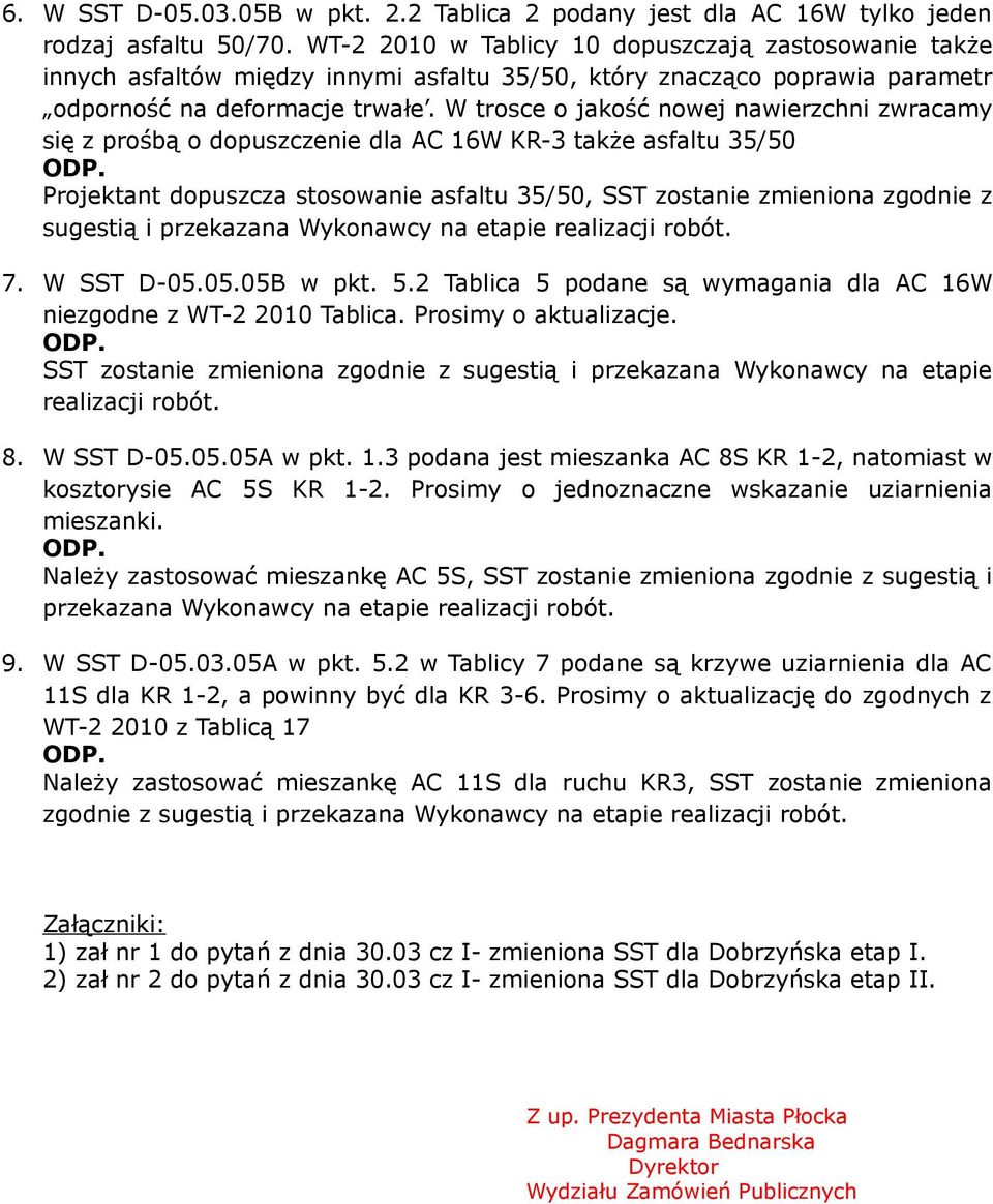 W trosce o jakość nowej nawierzchni zwracamy się z prośbą o dopuszczenie dla AC 16W KR-3 także asfaltu 35/50 Projektant dopuszcza stosowanie asfaltu 35/50, SST zostanie zmieniona zgodnie z sugestią i