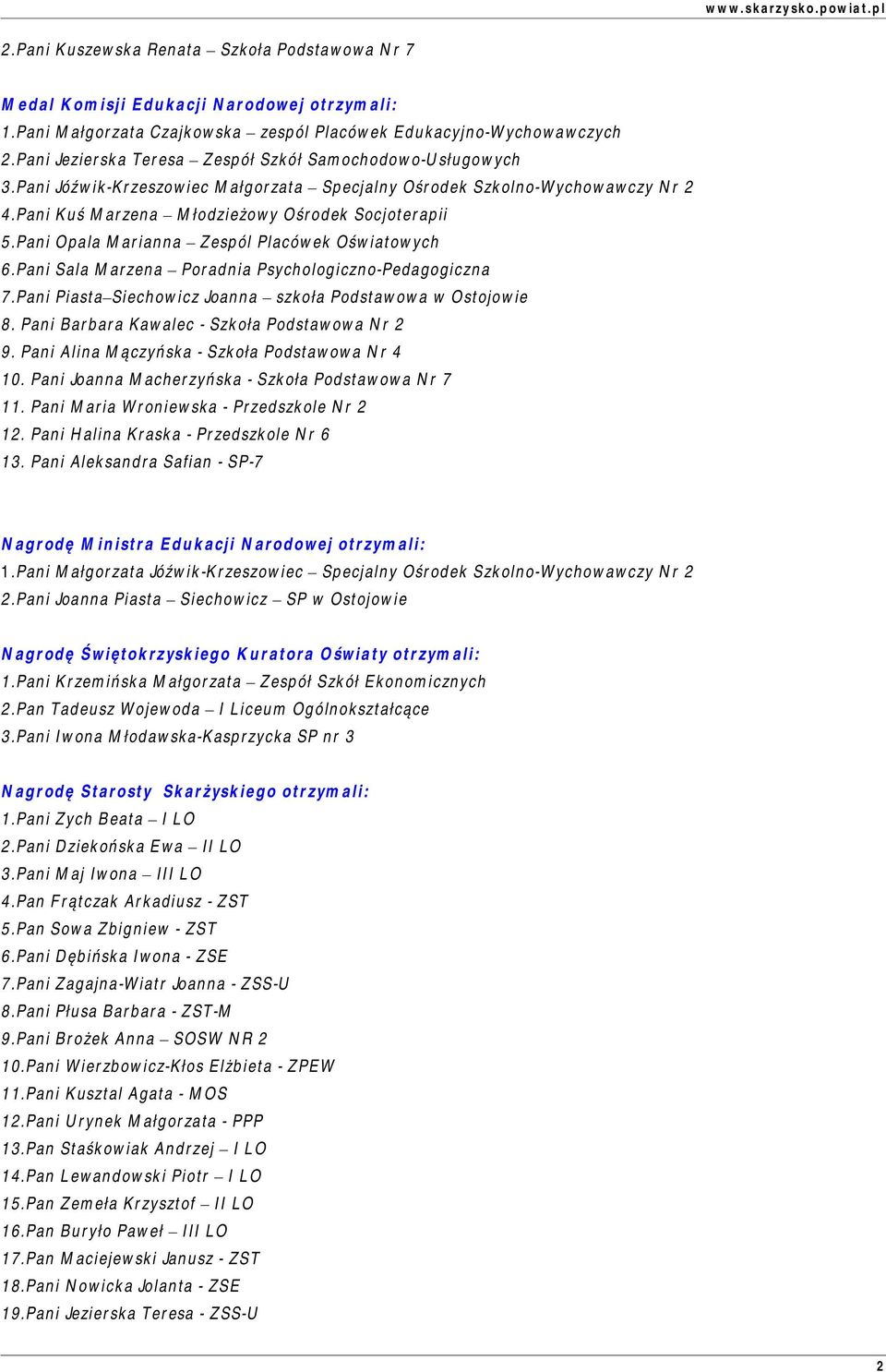Pani Opala Marianna Zespól Placówek Oświatowych 6.Pani Sala Marzena Poradnia Psychologiczno-Pedagogiczna 7.Pani Piasta Siechowicz Joanna szkoła Podstawowa w Ostojowie 8.