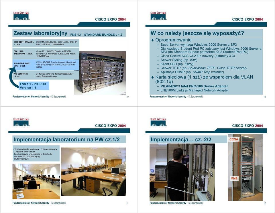 ports) SF--6.3; -515-VPN- 3DES 24 10/100 ports w/ 2 10/100/1000BASE-T ports, Enhanced Image Fundamentals of Network Security K.Szczypiorski 9 W co należy jeszcze się wyposażyć?