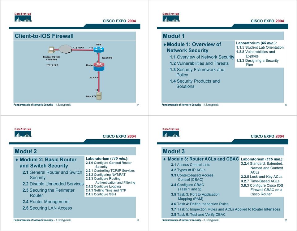 Szczypiorski 17 Fundamentals of Network Security K.Szczypiorski 18 Moduł 2 Module 2: Basic Router and Switch Security 2 General Router and Switch Security 2 Disable Unneeded Services 2.