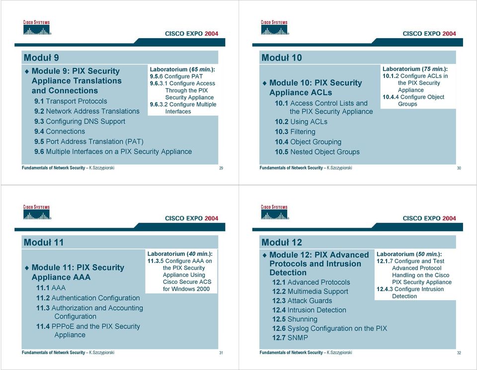 6 Multiple Interfaces on a Security Appliance Moduł 10 Module 10: Security Appliance ACLs 10 Access Control Lists and the Security Appliance 10 Using ACLs 10.3 Filtering 10.4 Object Grouping 10.