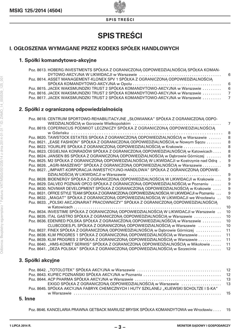 ASSET MANAGEMENT-KLONEX SPV 1 SPÓŁKA Z OGRANICZONĄ ODPOWIEDZIALNOŚCIĄ SPÓŁKA KOMANDYTOWO-AKCYJNA w Opolu.......................................... 6 Poz. 8615.