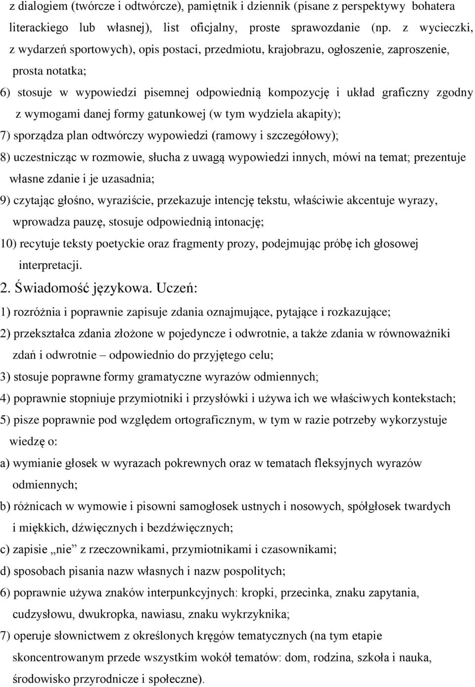 wymogami danej formy gatunkowej (w tym wydziela akapity); 7) sporządza plan odtwórczy wypowiedzi (ramowy i szczegółowy); 8) uczestnicząc w rozmowie, słucha z uwagą wypowiedzi innych, mówi na temat;