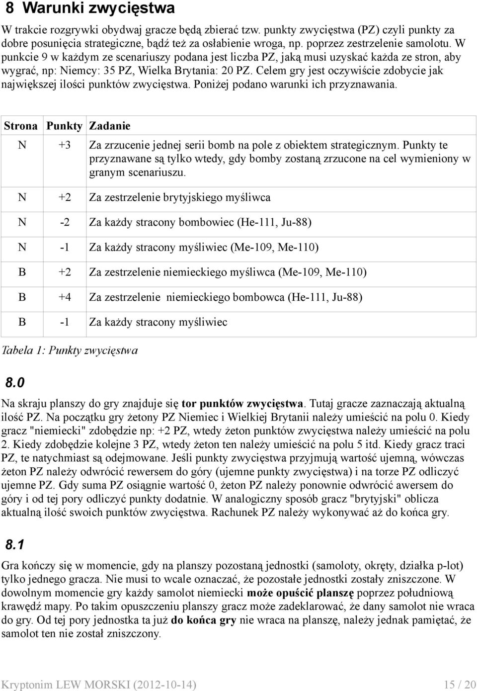 Celem gry jest oczywiście zdobycie jak największej ilości punktów zwycięstwa. Poniżej podano warunki ich przyznawania.