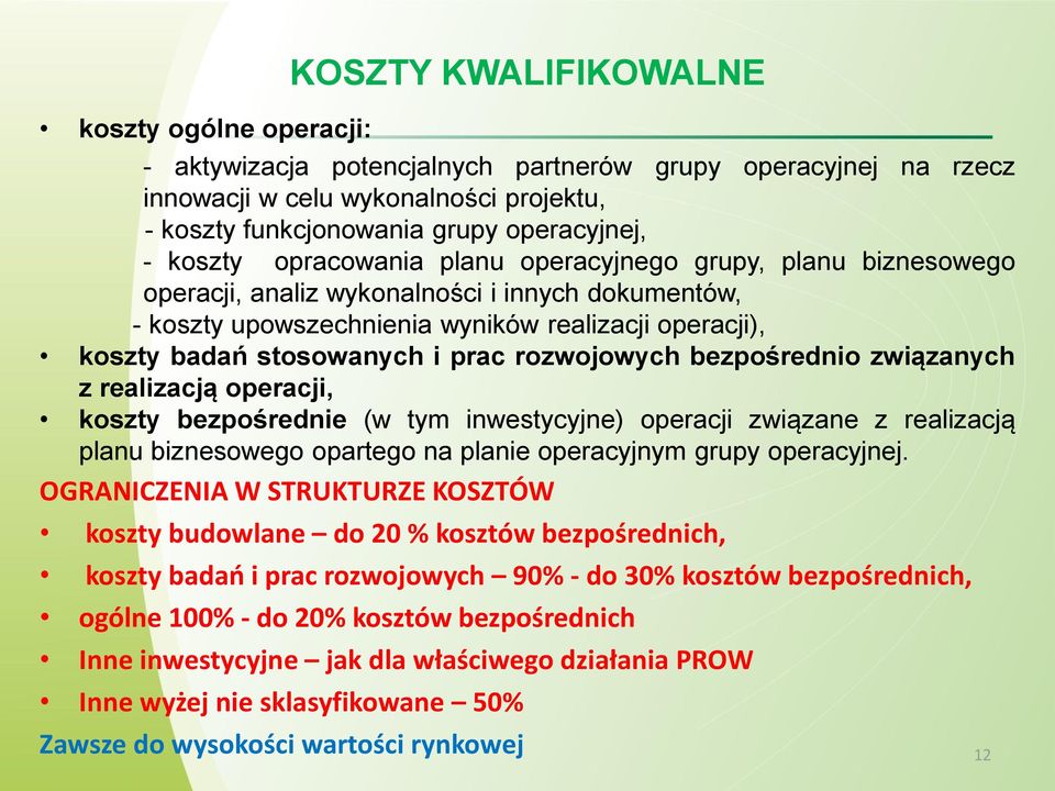 prac rozwojowych bezpośrednio związanych z realizacją operacji, koszty bezpośrednie (w tym inwestycyjne) operacji związane z realizacją planu biznesowego opartego na planie operacyjnym grupy