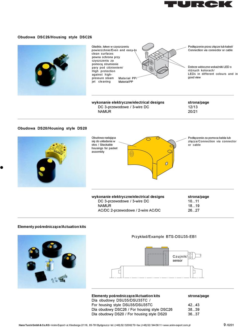 colours and in good view wykonanie elektryczne/electrical designs strona/page DC 3-przewodowe / 3-wire DC 12/13 NAMUR 20/21 Obudowa DS20/Housing style DS20 Obudowa nadaj¹ca siê do uk³adania w stos /