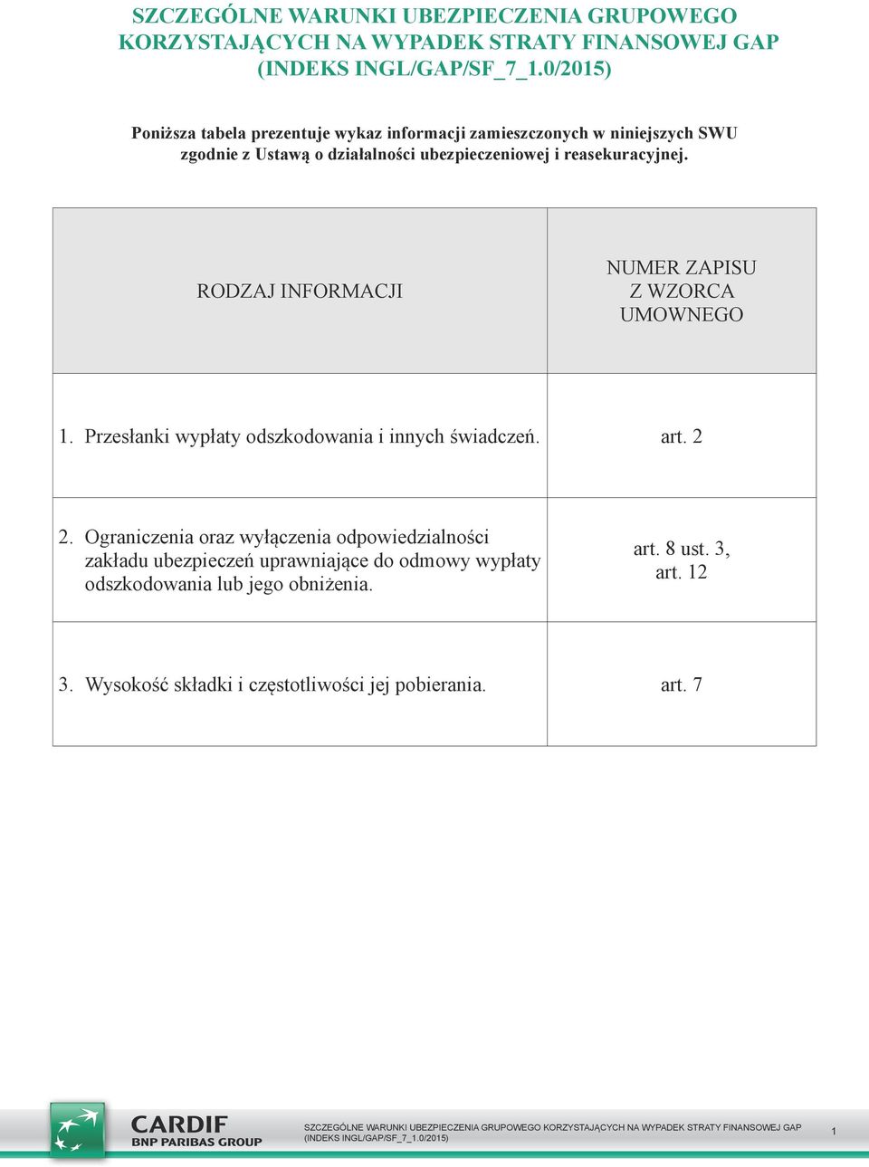 RODZAJ INFORMACJI NUMER ZAPISU Z WZORCA UMOWNEGO 1. Przesłanki wypłaty odszkodowania i innych świadczeń. art. 2 2.