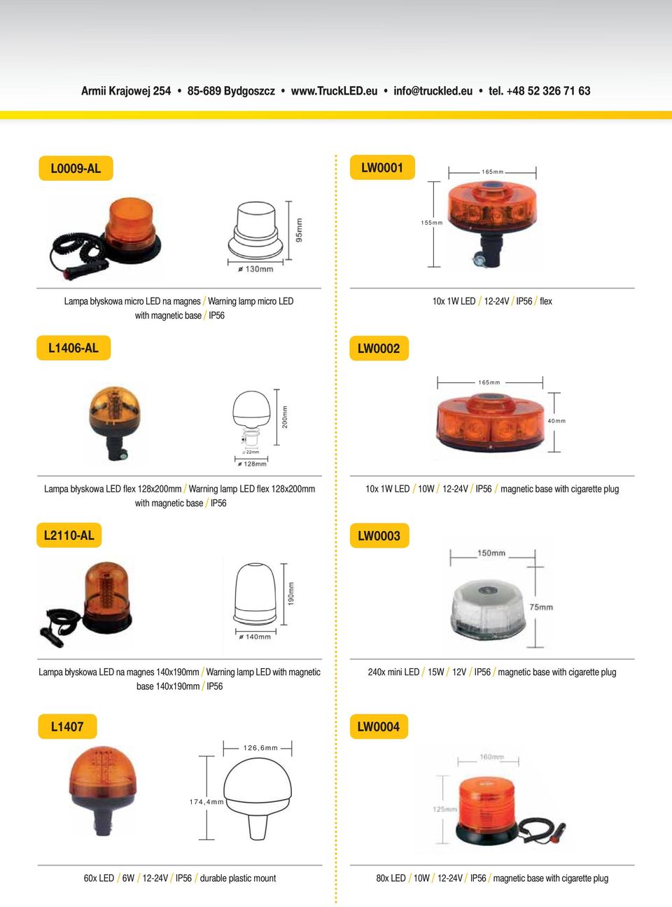 with cigarette plug LW0003 Lampa błyskowa LED na magnes 140x190mm / Warning lamp LED with magnetic base 140x190mm / IP56 240x mini LED / 15W / 12V / IP56 / magnetic