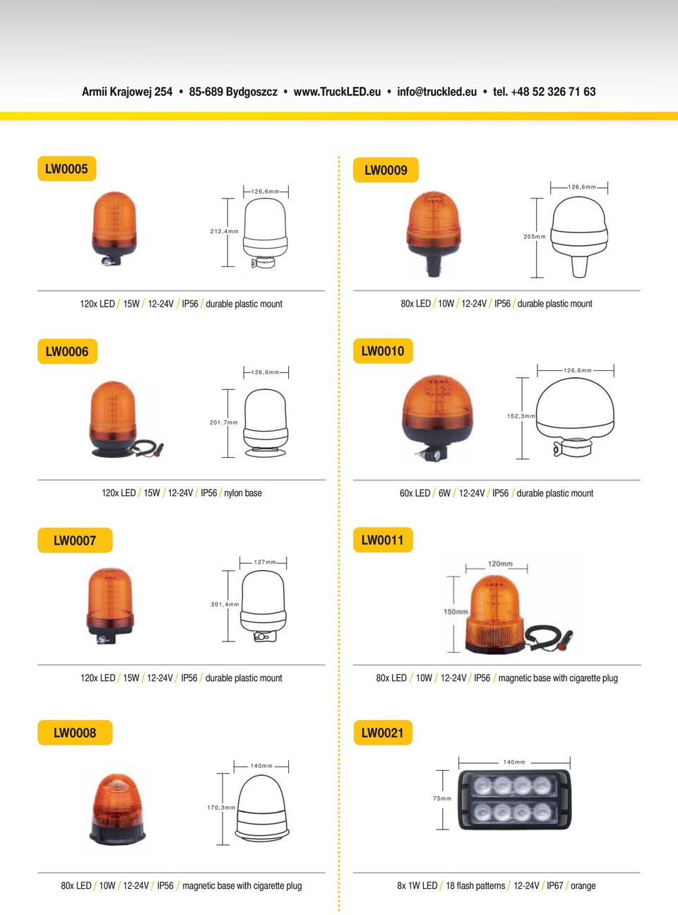 LW0007 LW0011 127mm 201,4mm 120x LED / 15W / 12-24V / IP56 / durable plastic mount 80x LED / 10W / 12-24V / IP56 / magnetic base with cigarette plug