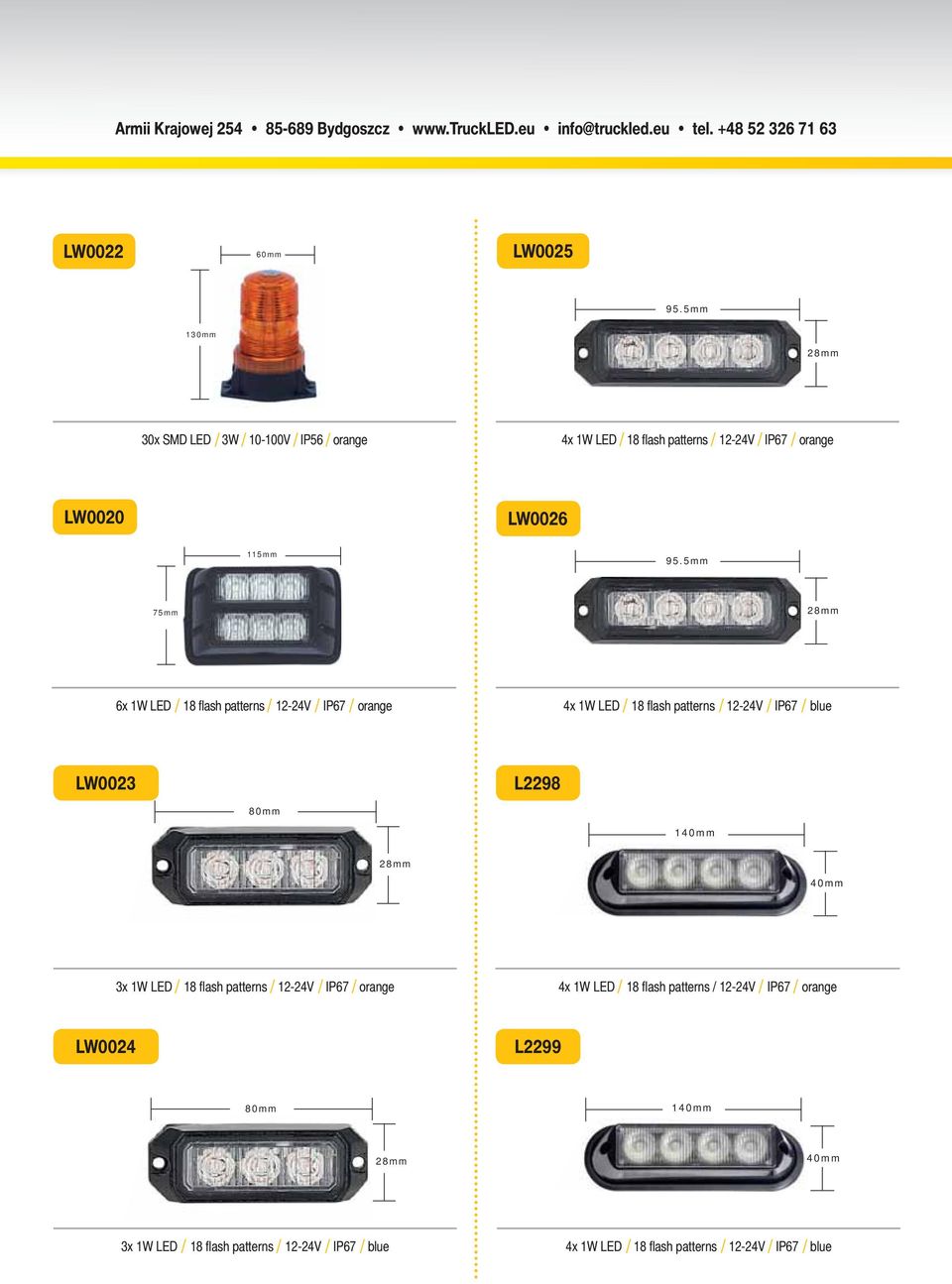 5mm 75mm 28mm 6x 1W LED / 18 fl ash patterns / 12-24V / IP67 / orange 4x 1W LED / 18 fl ash patterns / 12-24V / IP67 / blue LW0023 L2298 80mm