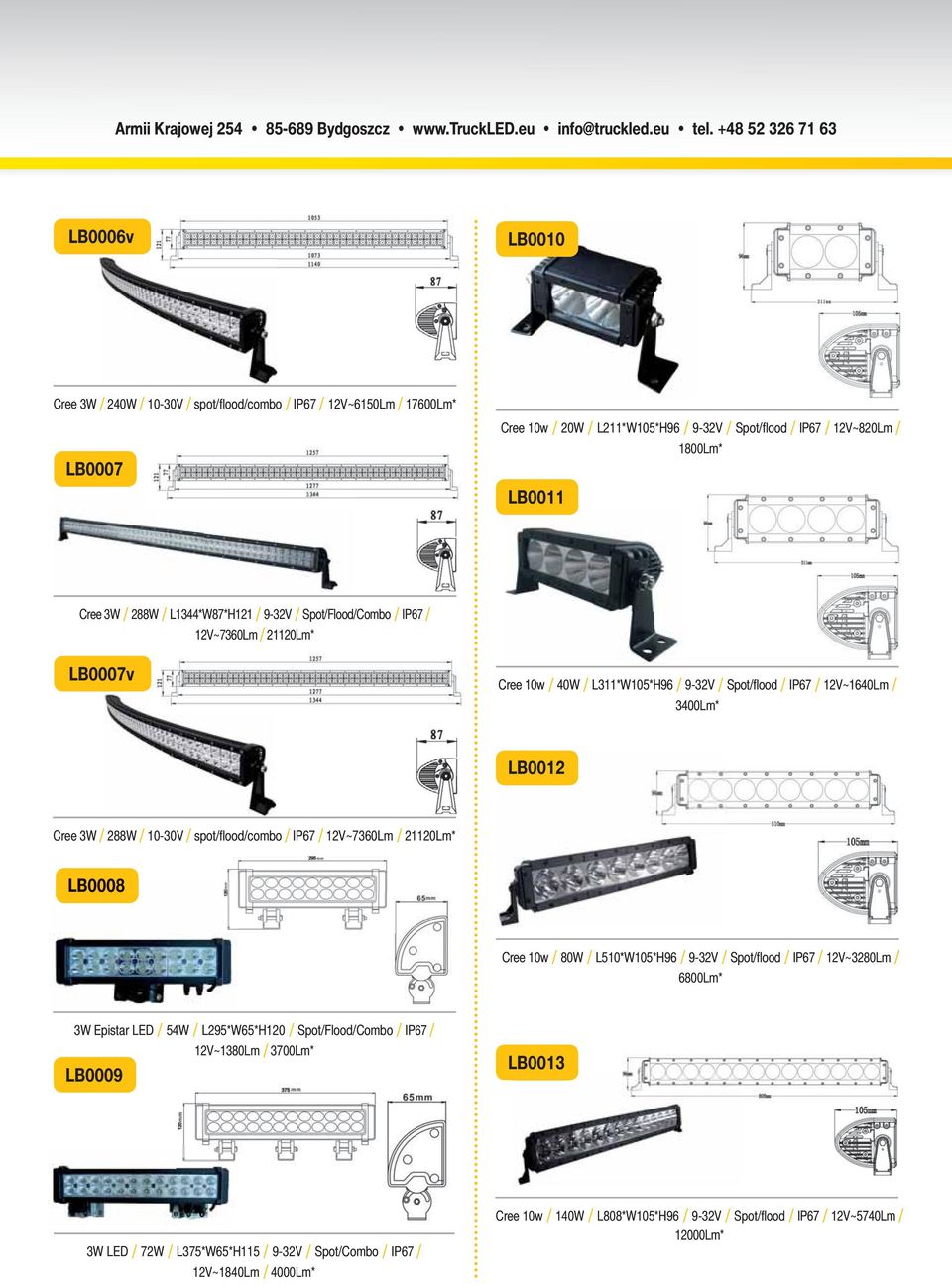 10-30V / spot/fl ood/combo / IP67 / 12V~7360Lm / 21120Lm* LB0008 Cree 10w / 80W / L510*W105*H96 / 9-32V / Spot/fl ood / IP67 / 12V~3280Lm / 6800Lm* 3W Epistar LED / 54W / L295*W65*H120 /