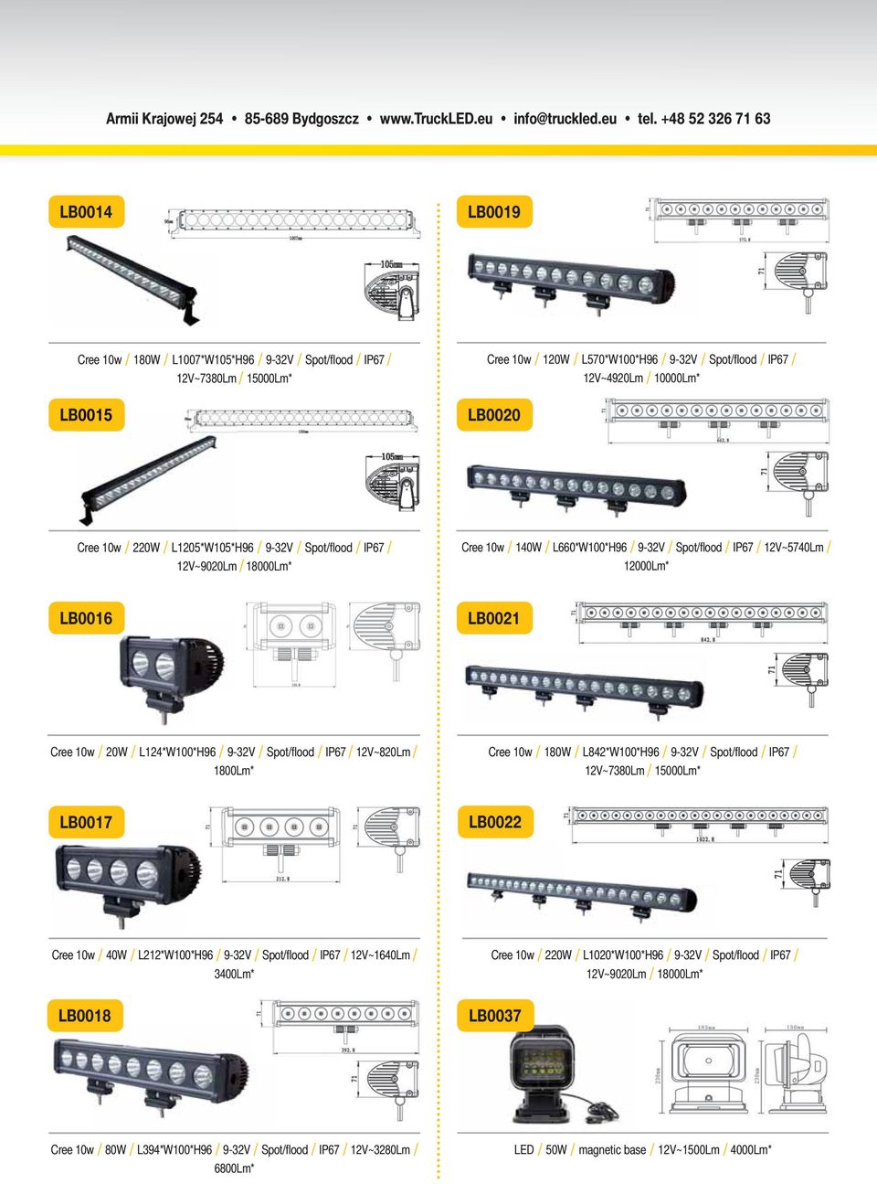 / L124*W100*H96 / 9-32V / Spot/fl ood / IP67 / 12V~820Lm / 1800Lm* Cree 10w / 180W / L842*W100*H96 / 9-32V / Spot/fl ood / IP67 / 12V~7380Lm / 15000Lm* LB0017 LB0022 Cree 10w / 40W / L212*W100*H96 /