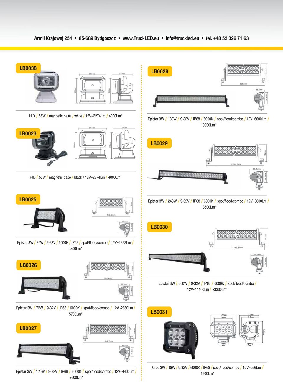 ood/combo / 12V~1333Lm / 2800Lm* LB0026 Epistar 3W / 300W / 9-32V / IP68 / 6000K / spot/fl ood/combo / 12V~11100Lm / 23300Lm* Epistar 3W / 72W / 9-32V / IP68 / 6000K / spot/fl ood/combo /