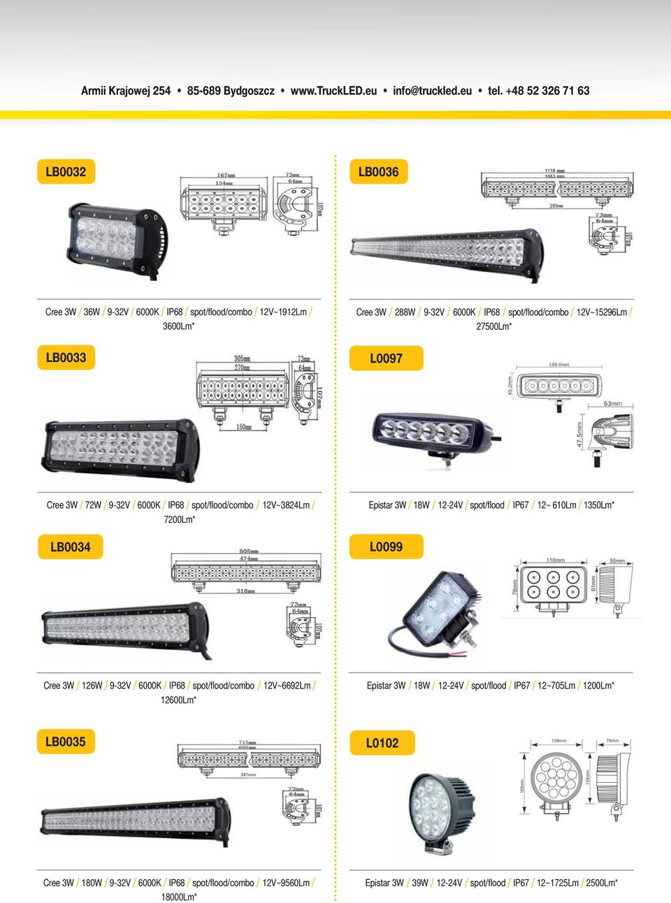 12~ 610Lm / 1350Lm* L0099 Cree 3W / 126W / 9-32V / 6000K / IP68 / spot/fl ood/combo / 12V~6692Lm / 12600Lm* Epistar 3W / 18W / 12-24V / spot/fl ood / IP67 / 12~705Lm