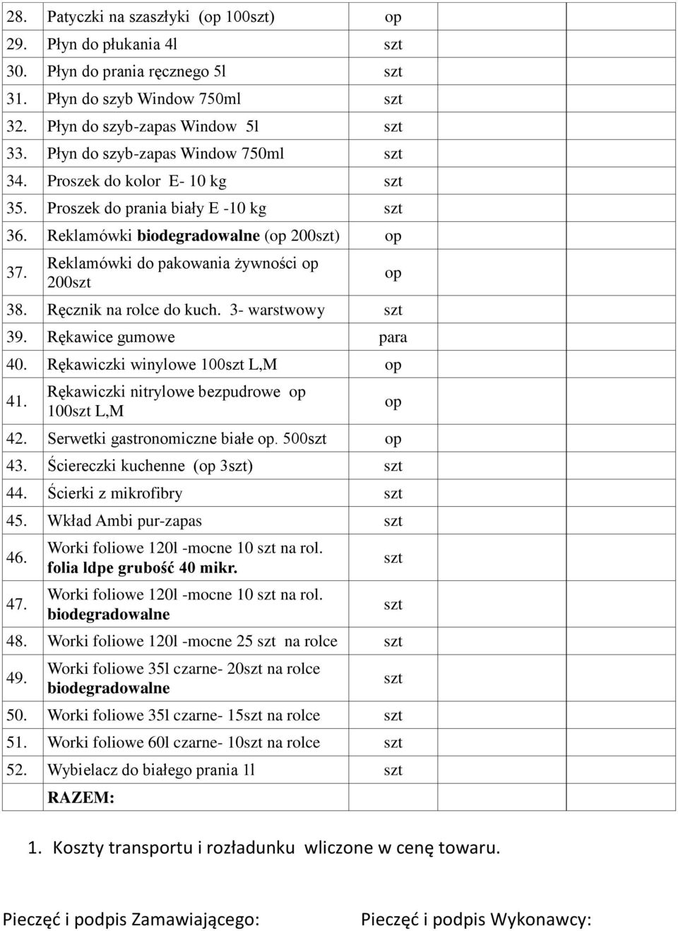 Rękawice gumowe para 40. Rękawiczki winylowe 100 L,M op 41. Rękawiczki nitrylowe bezpudrowe op 100 L,M 42. Serwetki gastronomiczne białe op. 500 op 43. Ściereczki kuchenne (op 3) 44.