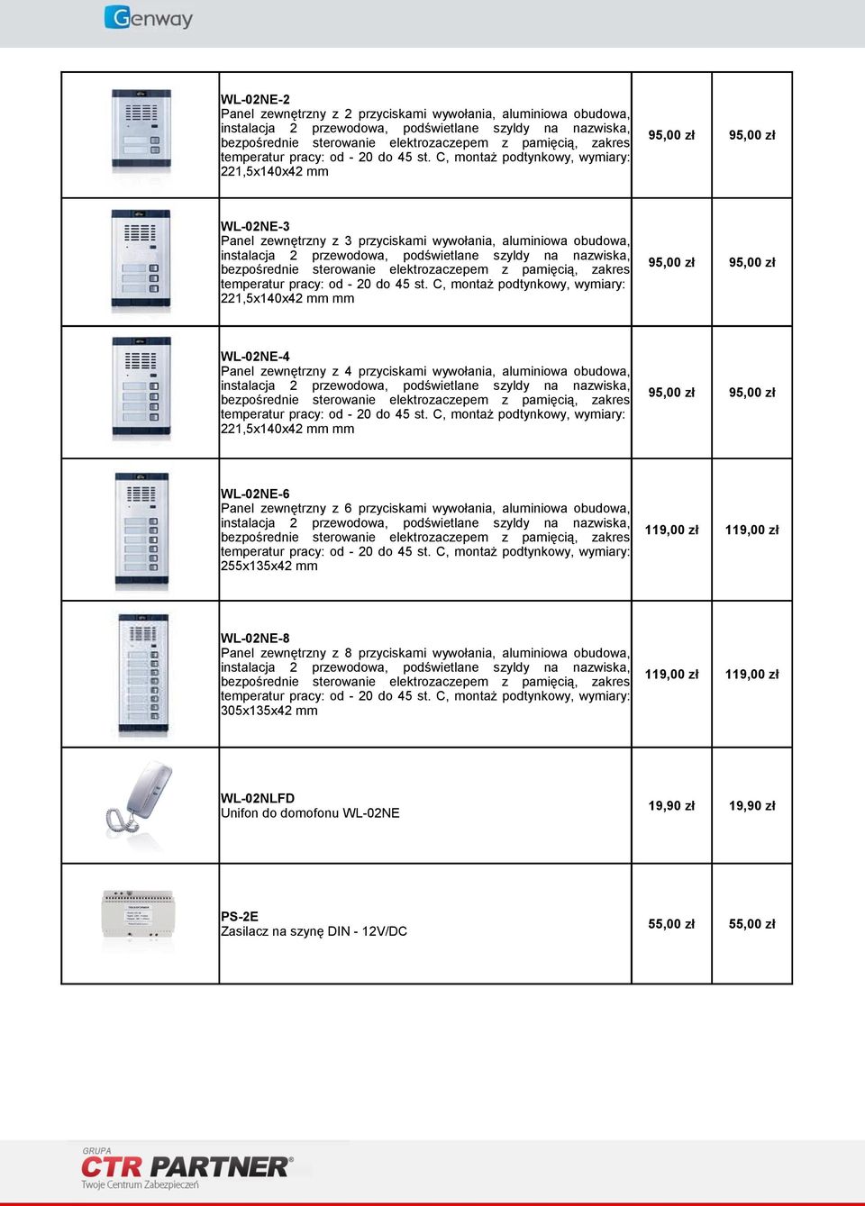 C, montaż podtynkowy, wymiary: 221,5x140x42 mm 95,00 zł 95,00 zł WL-02NE-3 Panel zewnętrzny z 3 przyciskami wywołania, aluminiowa obudowa, instalacja 2 przewodowa, podświetlane szyldy na nazwiska,