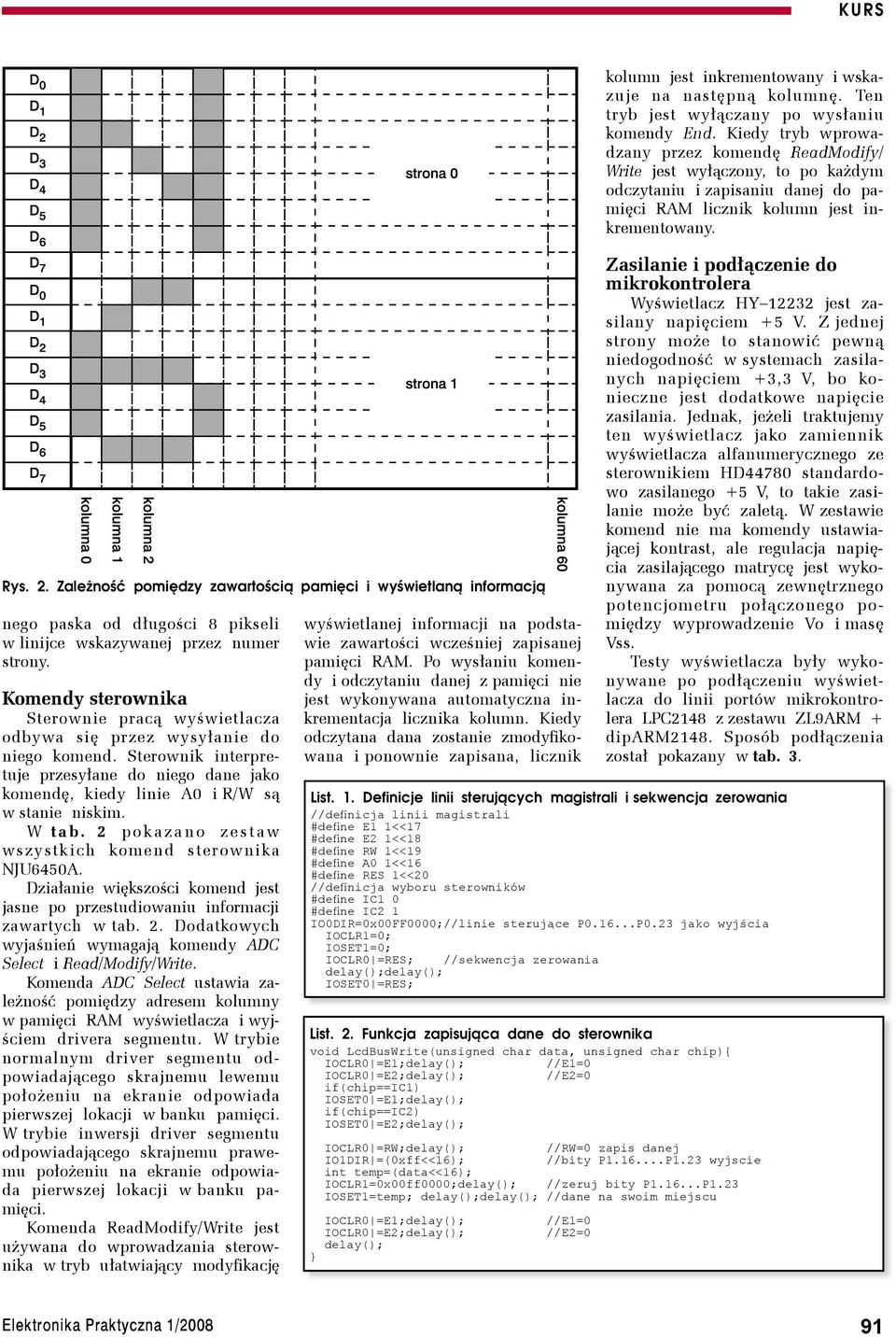 W t a b. 2 p o ka z a n o z e s t a w wszystkich komend sterownika NJU645A. Działanie większości komend jest jasne po przestudiowaniu informacji zawartych w tab. 2. Dodatkowych wyjaśnień wymagają komendy ADC Select i Read/Modify/Write.