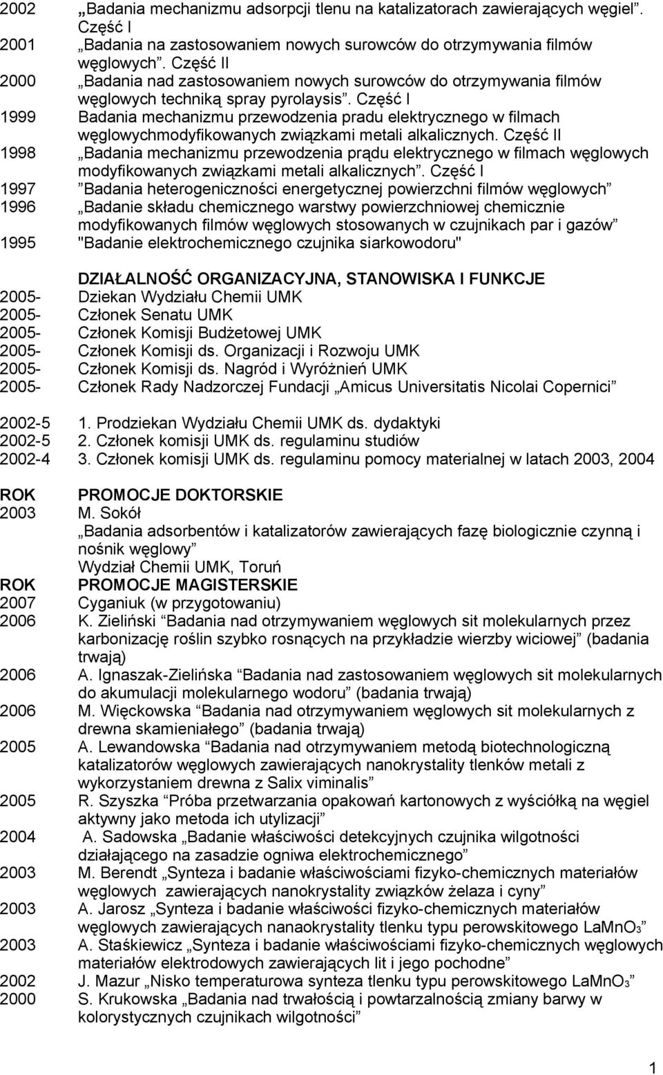 Część I 1999 Badania mechanizmu przewodzenia pradu elektrycznego w filmach węglowychmodyfikowanych związkami metali alkalicznych.