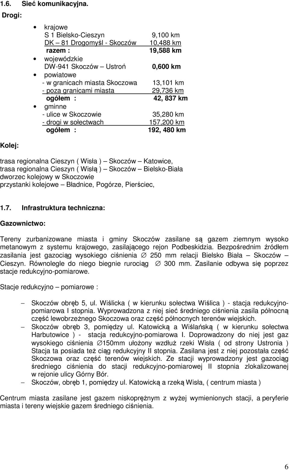 poza granicami miasta 29,736 km ogółem : 42, 837 km gminne - ulice w Skoczowie 35,280 km - drogi w sołectwach 157,200 km ogółem : 192, 480 km trasa regionalna Cieszyn ( Wisła ) Skoczów Katowice,