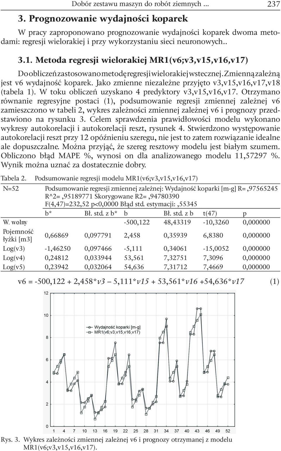 Metoda regresji wielorakiej MR1(v6;v3,v15,v16,v17) Do obliczeń zastosowano metodę regresji wielorakiej wstecznej. Zmienną zależną jest v6 wydajność koparek.