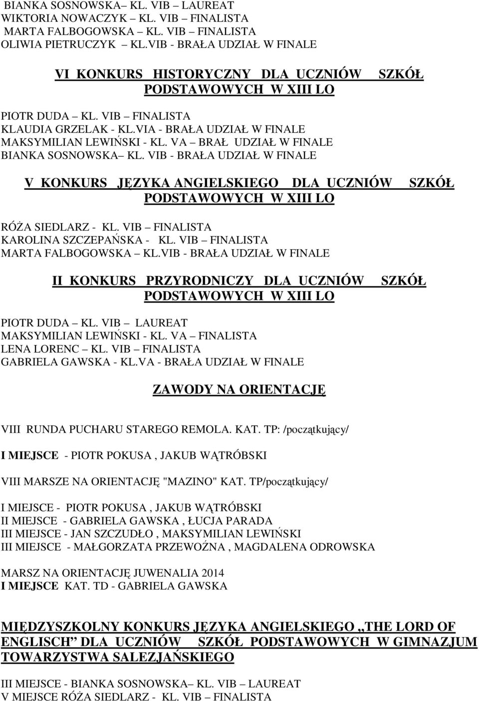 VA BRAŁ UDZIAŁ W FINALE BIANKA SOSNOWSKA KL. VIB - BRAŁA UDZIAŁ W FINALE V KONKURS JĘZYKA ANGIELSKIEGO DLA UCZNIÓW SZKÓŁ PODSTAWOWYCH W XIII LO RÓŻA SIEDLARZ - KL.