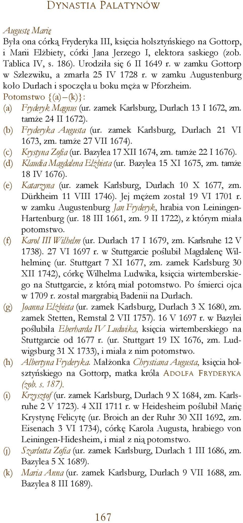 zamek Karlsburg, Durlach 13 I 1672, zm. tamże 24 II 1672). (b) Fryderyka Augusta (ur. zamek Karlsburg, Durlach 21 VI 1673, zm. tamże 27 VII 1674). (c) Krystyna Zofia (ur. Bazylea 17 XII 1674, zm.