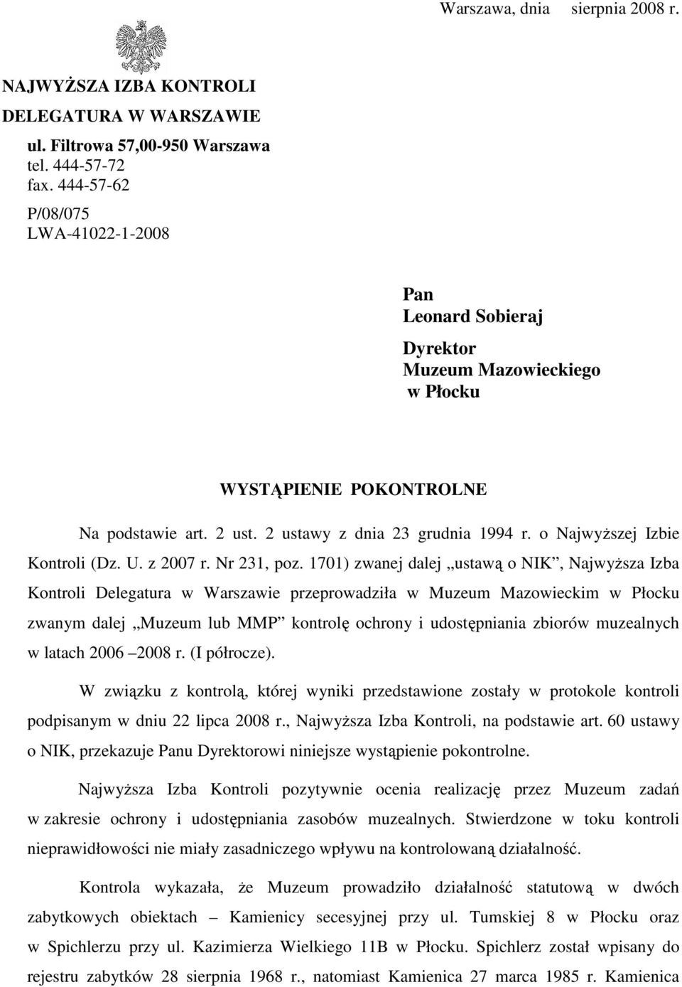 o NajwyŜszej Izbie Kontroli (Dz. U. z 2007 r. Nr 231, poz.