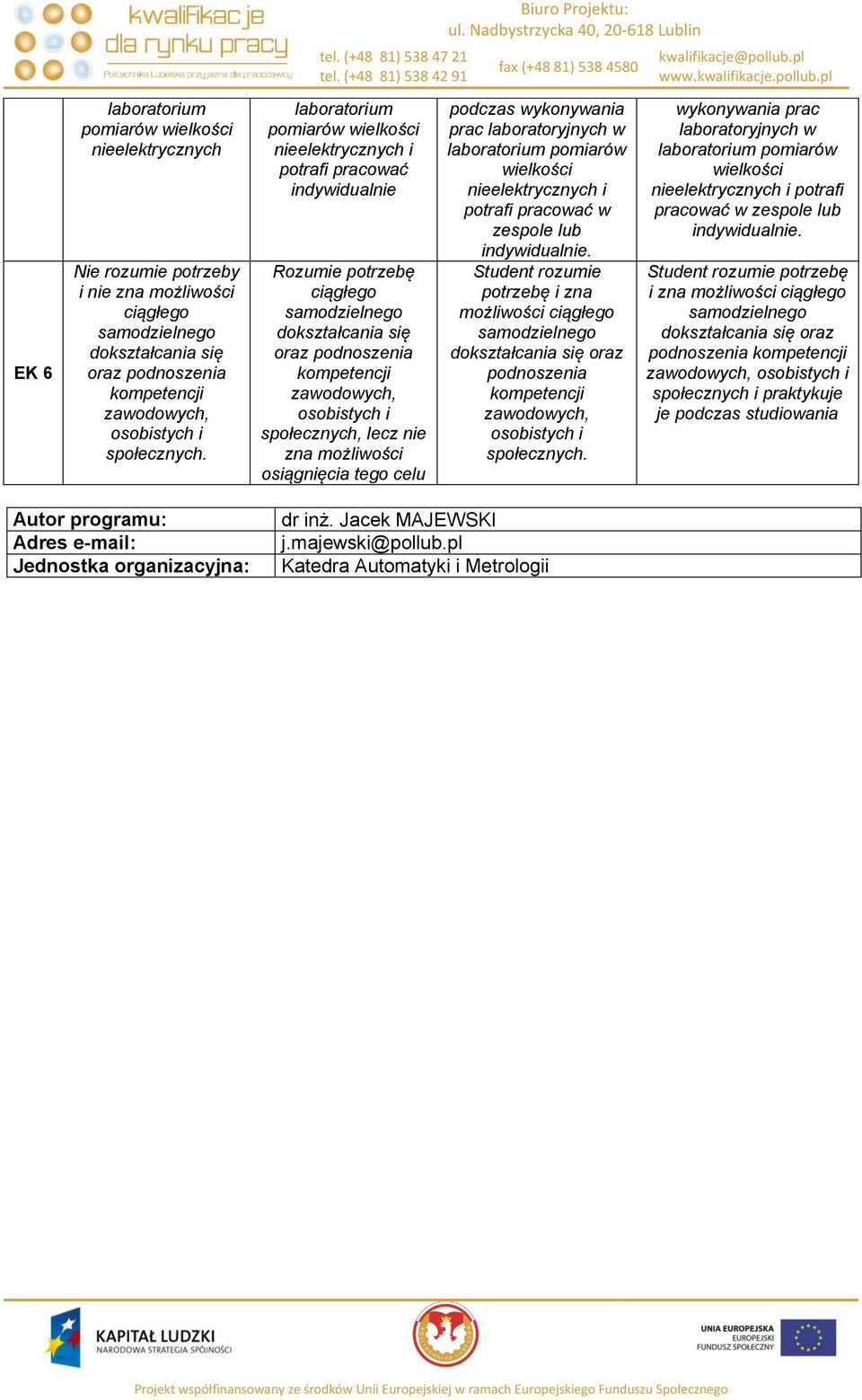 wykonywania prac laboratorium pomiarów nieelektrycznych i potrafi pracować w zespole lub Student rozumie potrzebę i zna możliwości ciągłego dokształcania się oraz podnoszenia społecznych.