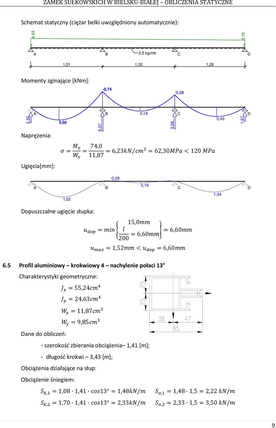 6.5 Profil aluminiowy krokwiowy 4 nachylenie połaci 13 Charakterystyki geometryczne: 55,24 24,63 11,87 9,85 Dane do obliczeń: - szerokość zbierania obciążenia