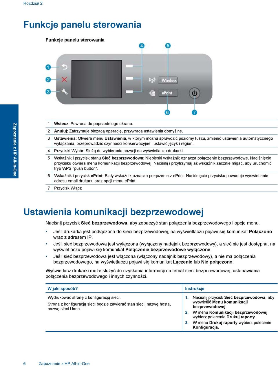 3 Ustawienia: Otwiera menu Ustawienia, w którym można sprawdzić poziomy tuszu, zmienić ustawienia automatycznego wyłączania, przeprowadzić czynności konserwacyjne i ustawić język i region.