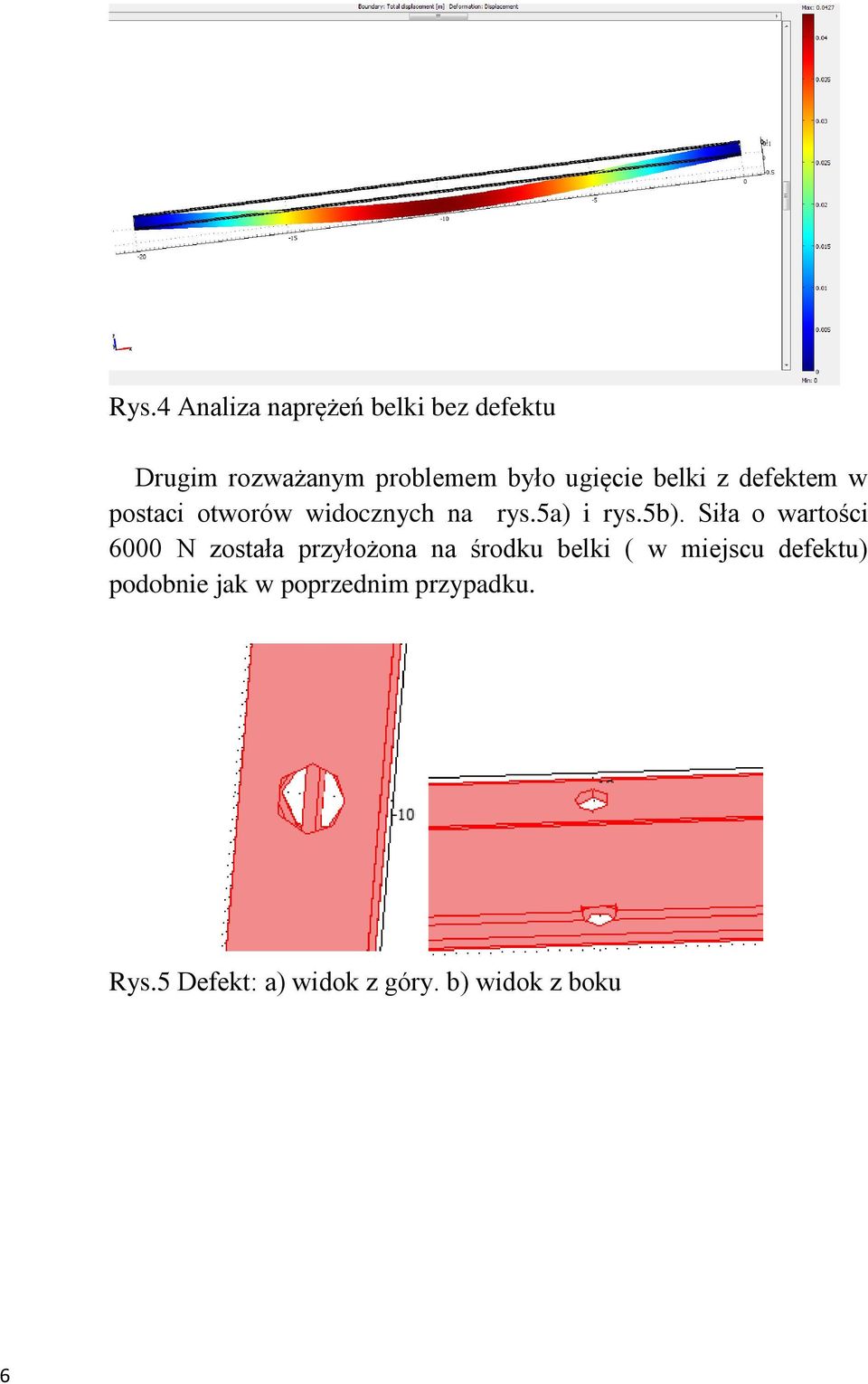 Siła o wartości 6000 N została przyłożona na środku belki ( w miejscu defektu)