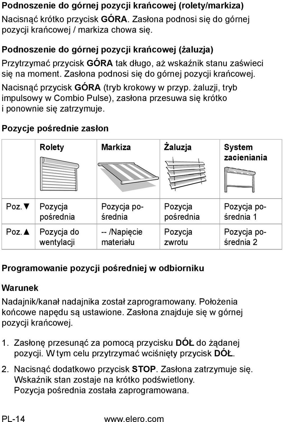 Nacisnąć przycisk GÓRA (tryb krokowy w przyp. żaluzji, tryb impulsowy w Combio Pulse), zasłona przesuwa się krótko i ponownie się zatrzymuje.