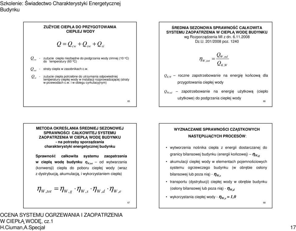 1240 η W, tot = Q K,W roczne zapotrzebowanie na energię końcową dla przygotowania ciepłej wody W, nd K, W Q W,nd zapotrzebowanie na energię użytkową (ciepło Q Q użytkowe) do podgrzania ciepłej wody